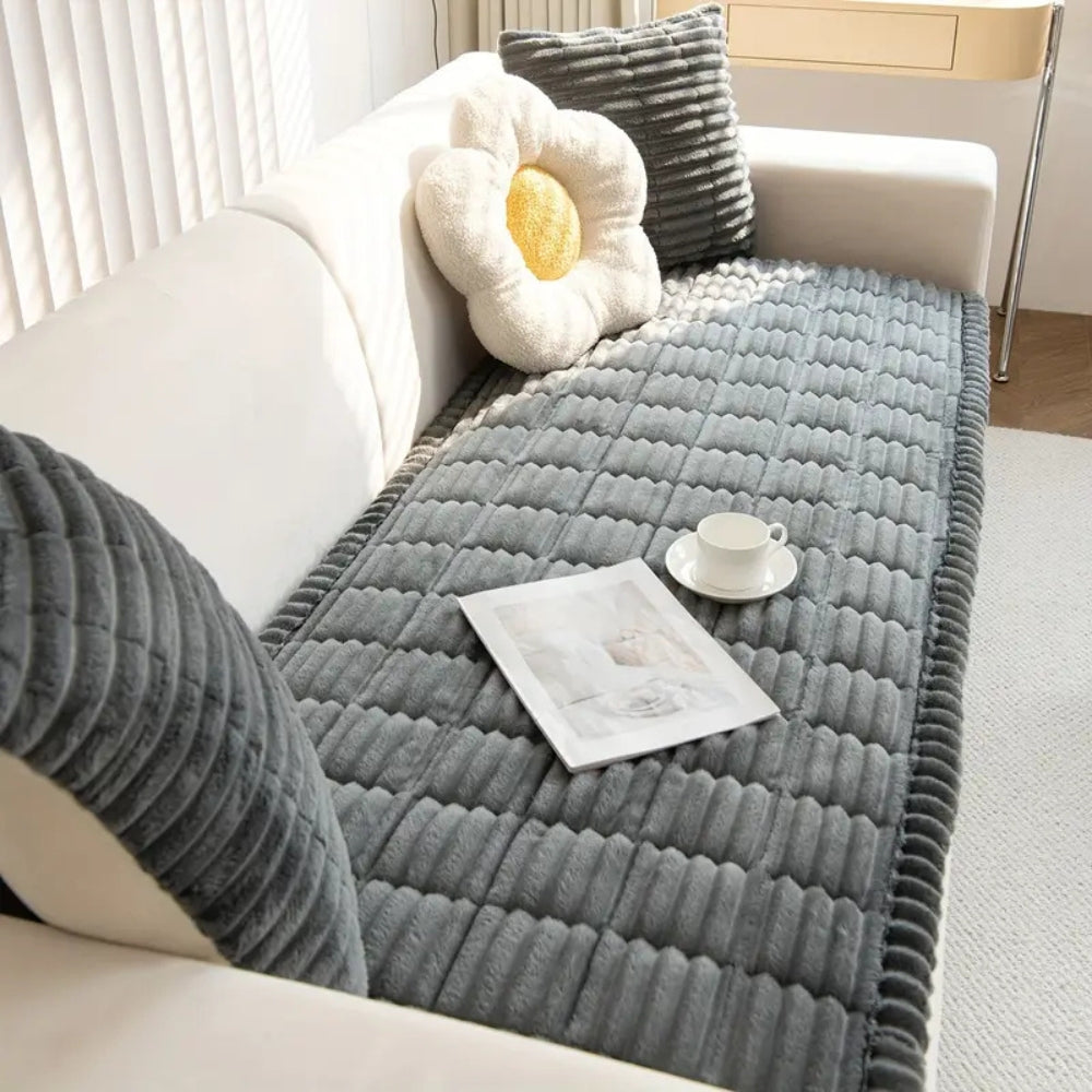 Pleated-Edge Plush Flannel Sofa Cover