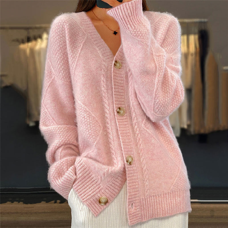 Cable knit pearl button cardigan in pink, front view