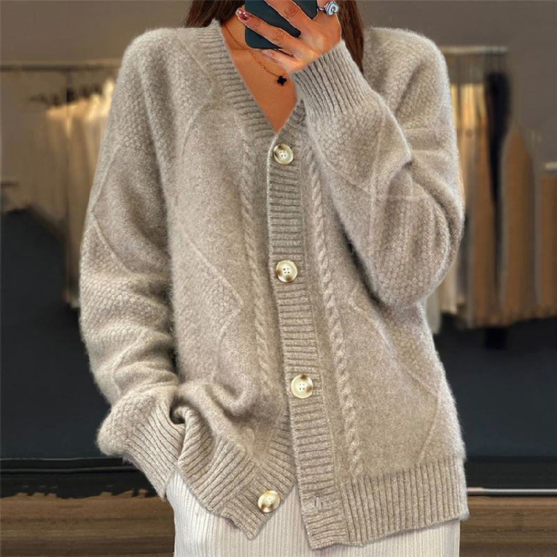 Cable knit pearl button cardigan in gray