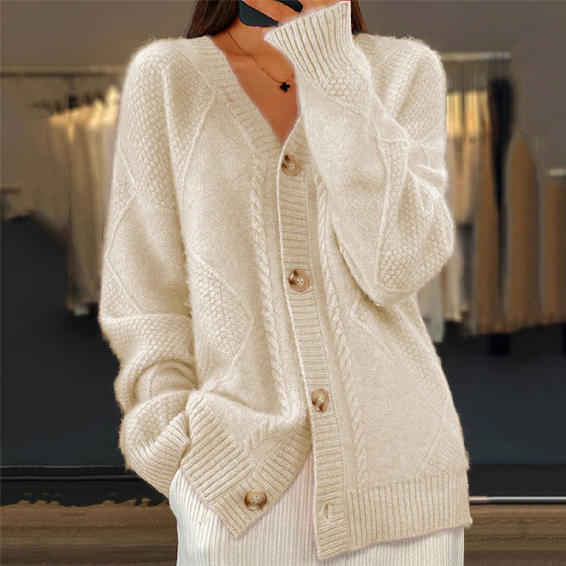 Cable knit pearl button cardigan in beige