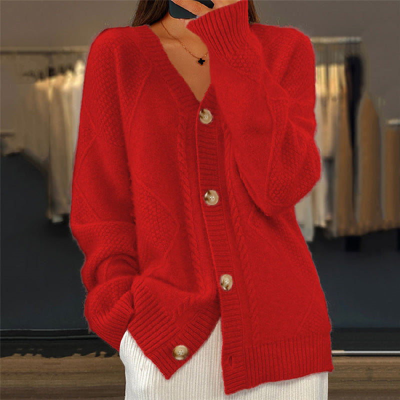 Cable knit pearl button cardigan in red