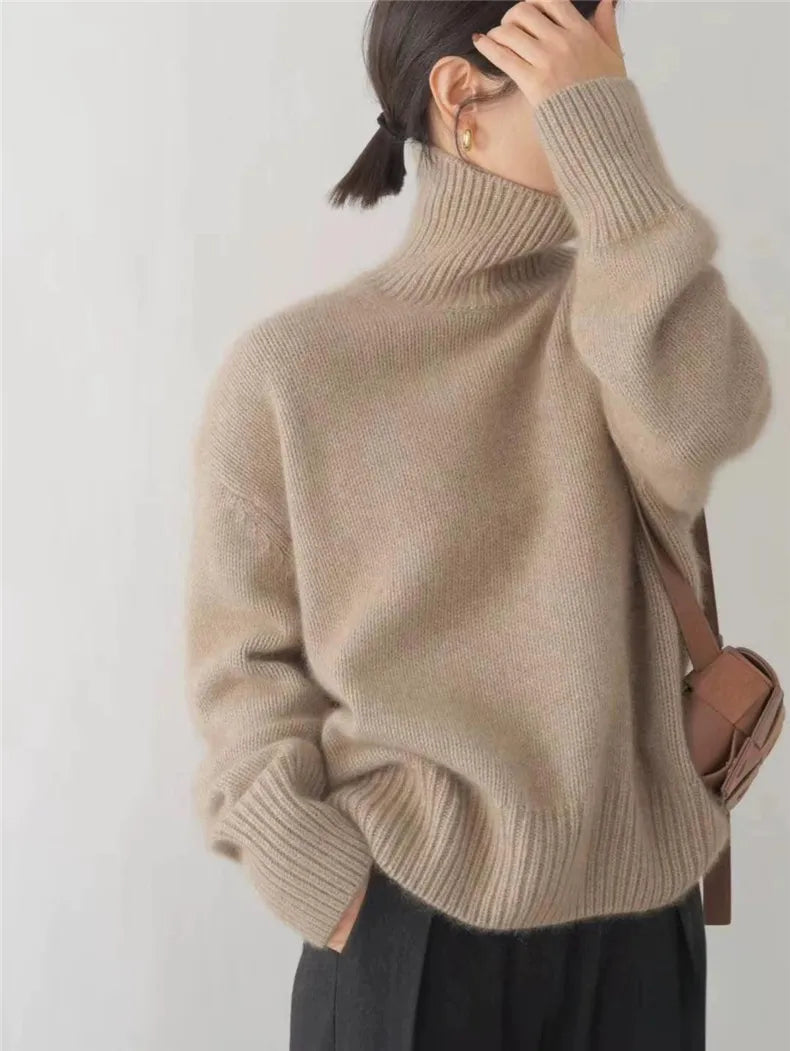 High collar turtleneck sweater, styled view