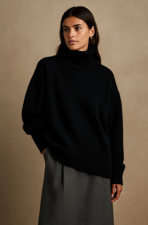 Lightweight fitted sweater in black, front view