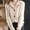 Shirt-inspired notched collar cardigan in beige, front view