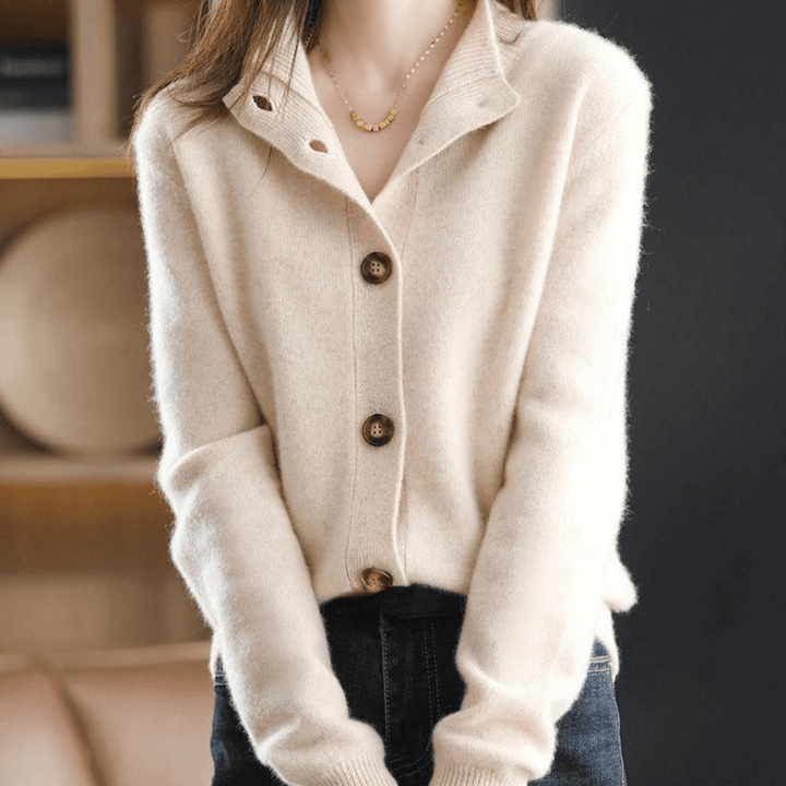 Shirt-inspired notched collar cardigan in beige, front view