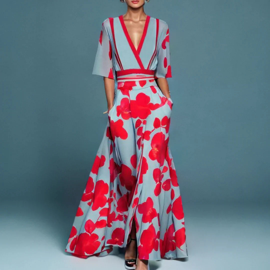 Floral wrap maxi dress in blue and red, front view