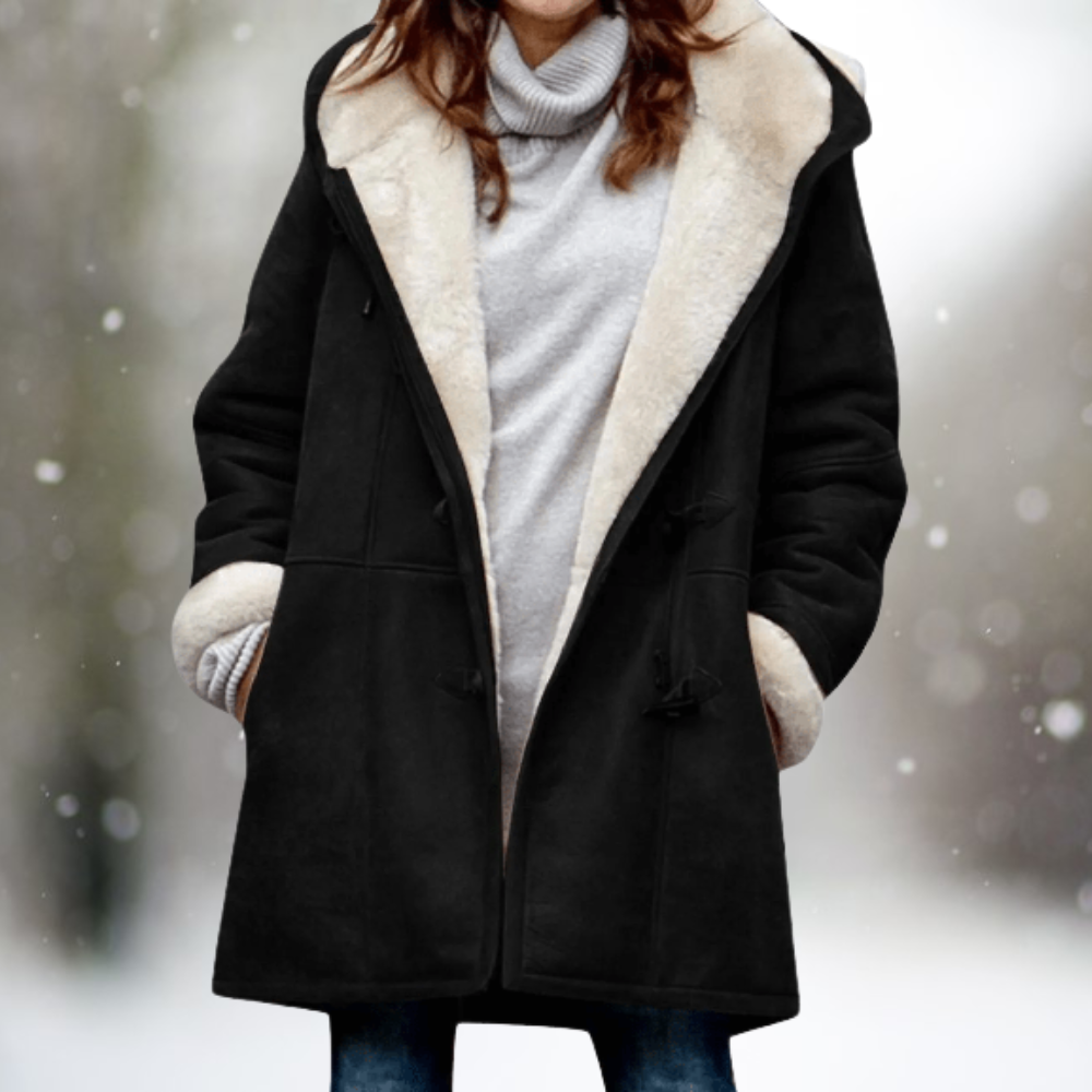 Toggle closure oversized coat in black, front view