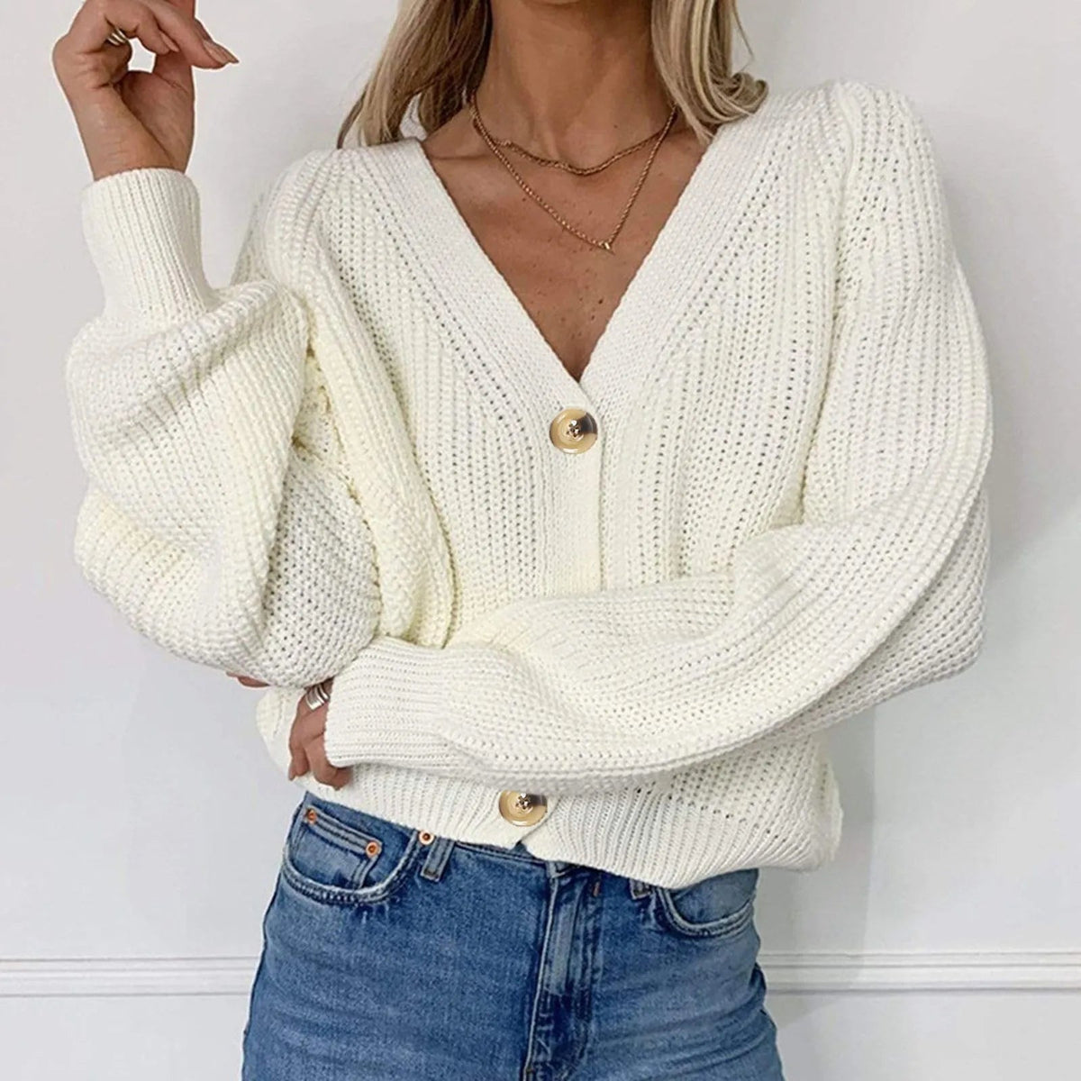 Balloon sleeve v-neck cardigan in white