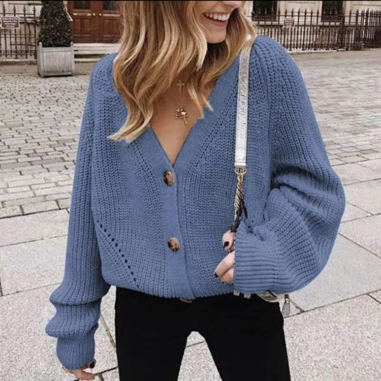 Balloon sleeve v-neck cardigan in blue