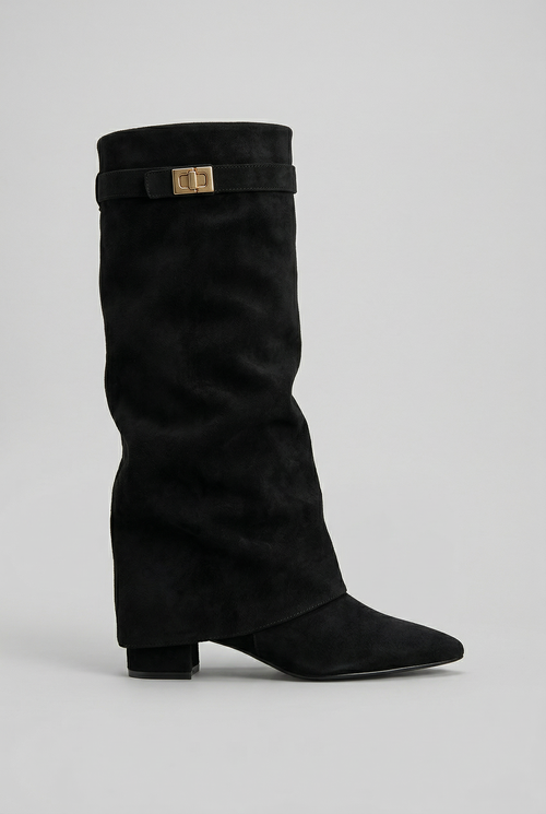 Block heel knee high boot, front view