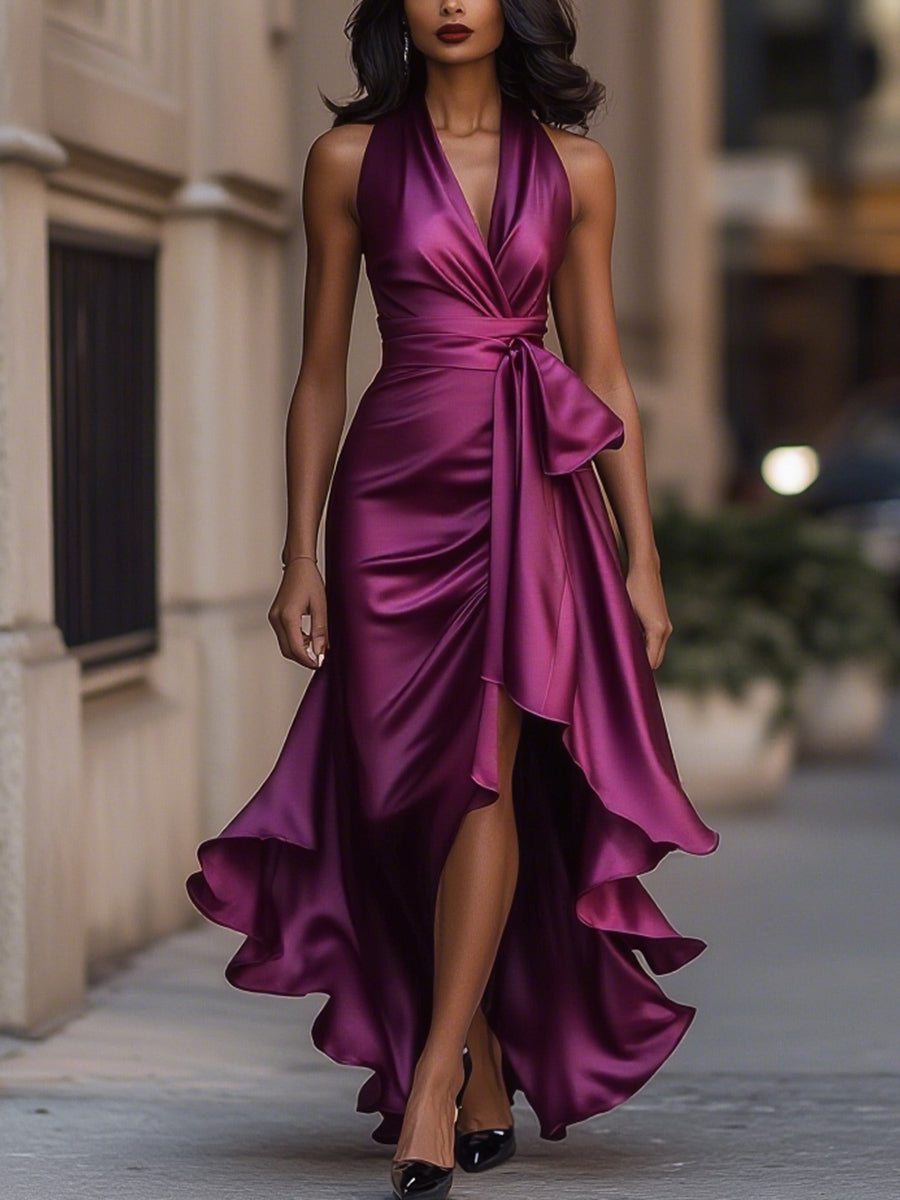 Ruffle hem halter maxi dress in fuchsia