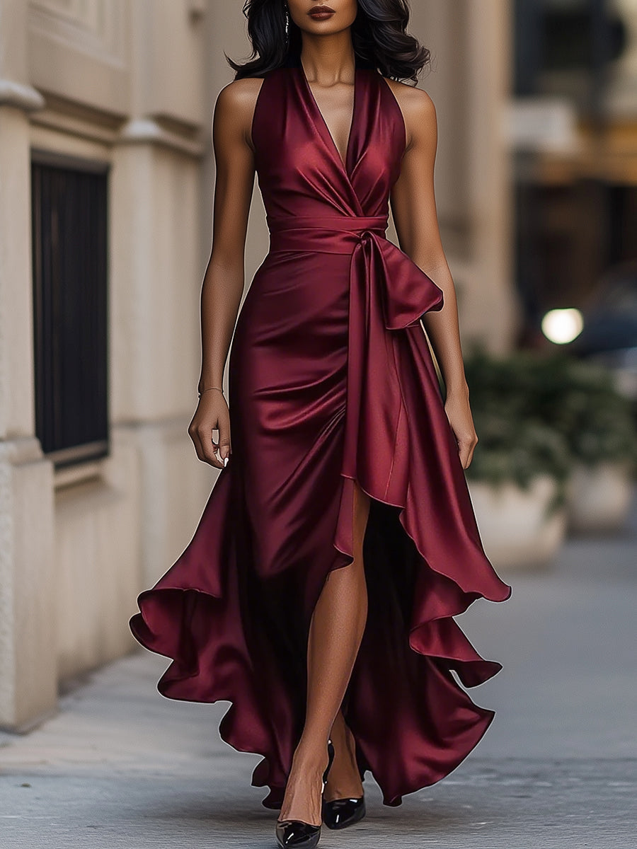 Ruffle hem halter maxi dress in burgundy