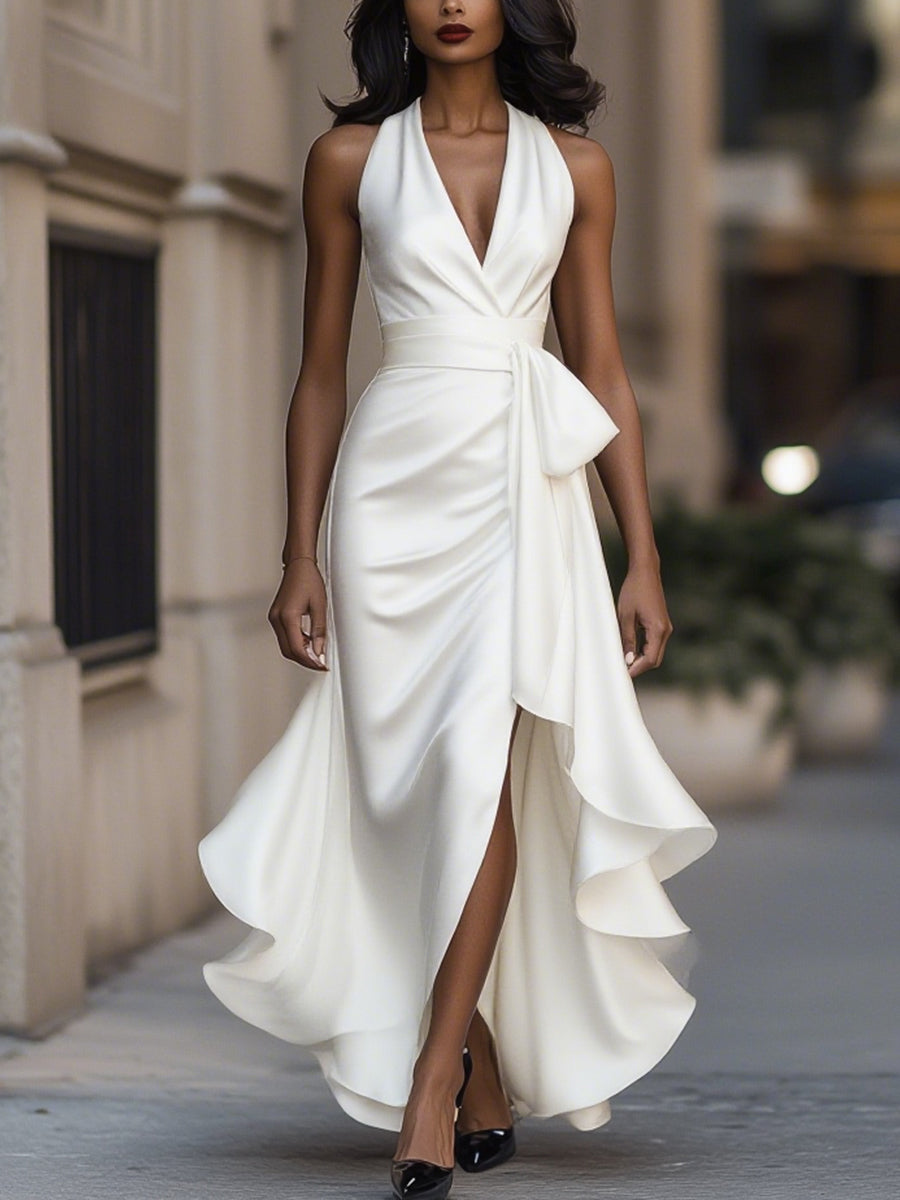 Ruffle hem halter maxi dress in white
