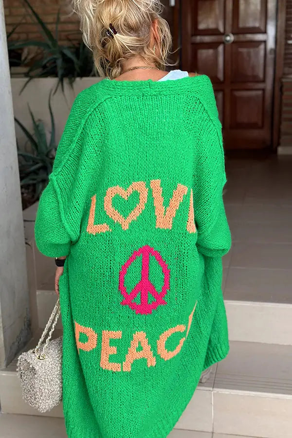 Love and peace print cardigan in green