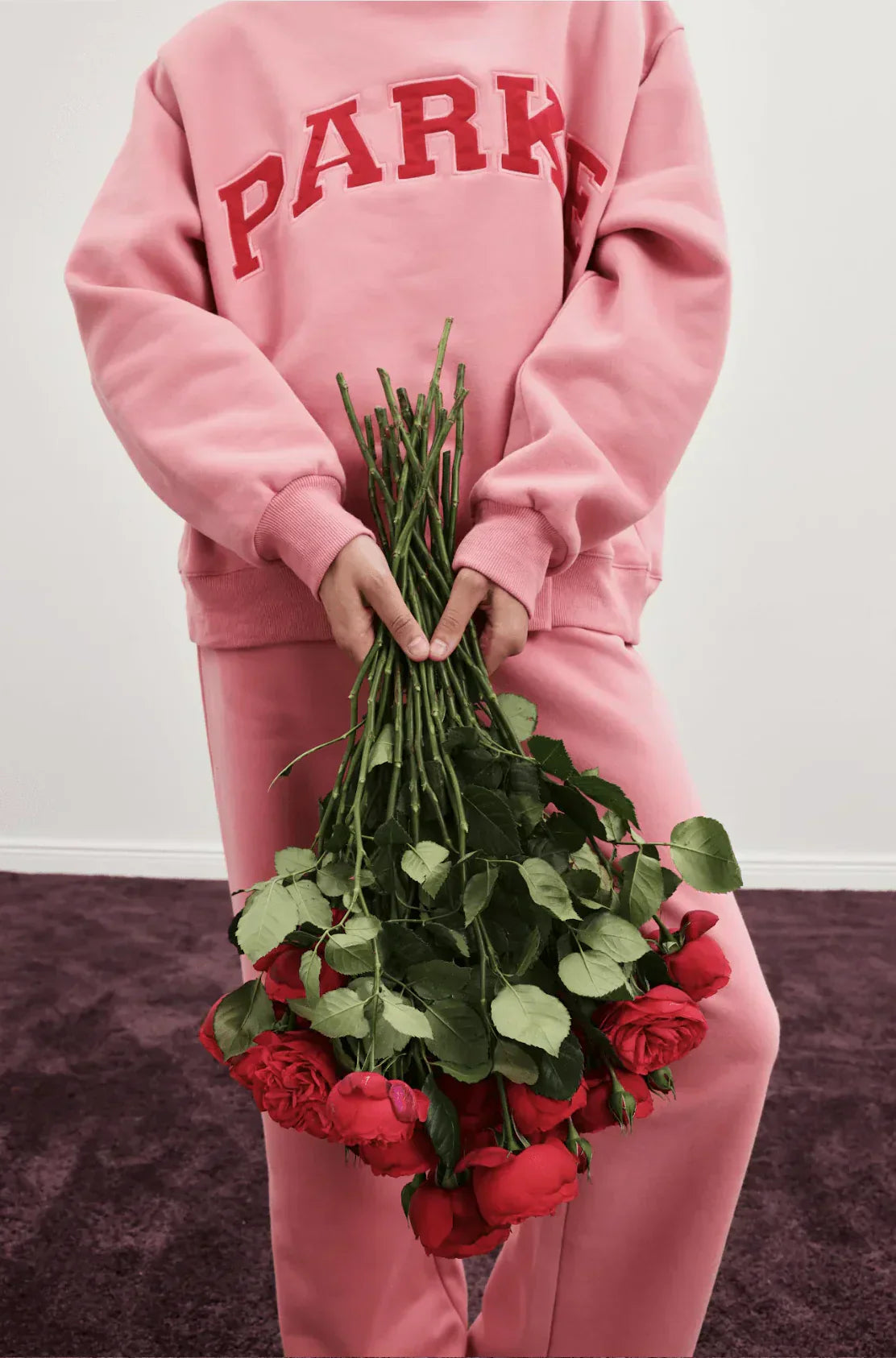Varsity chenille sweatshirt, pink with red letters
