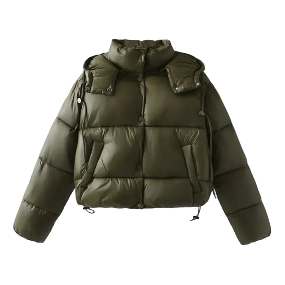 Cropped high collar puffer jacket in green