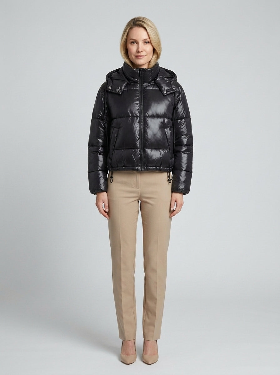 Cropped high collar puffer jacket in black, front view