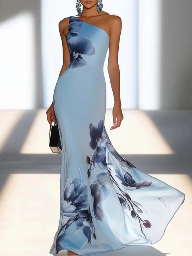 One-shoulder mermaid maxi dress in light blue, front view