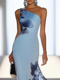 One-shoulder mermaid maxi dress, side view