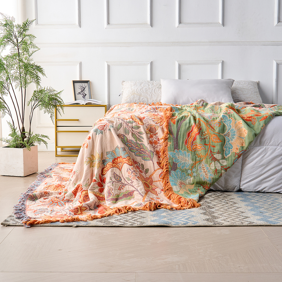Cotton Floral Print Fringed Throw Blanket