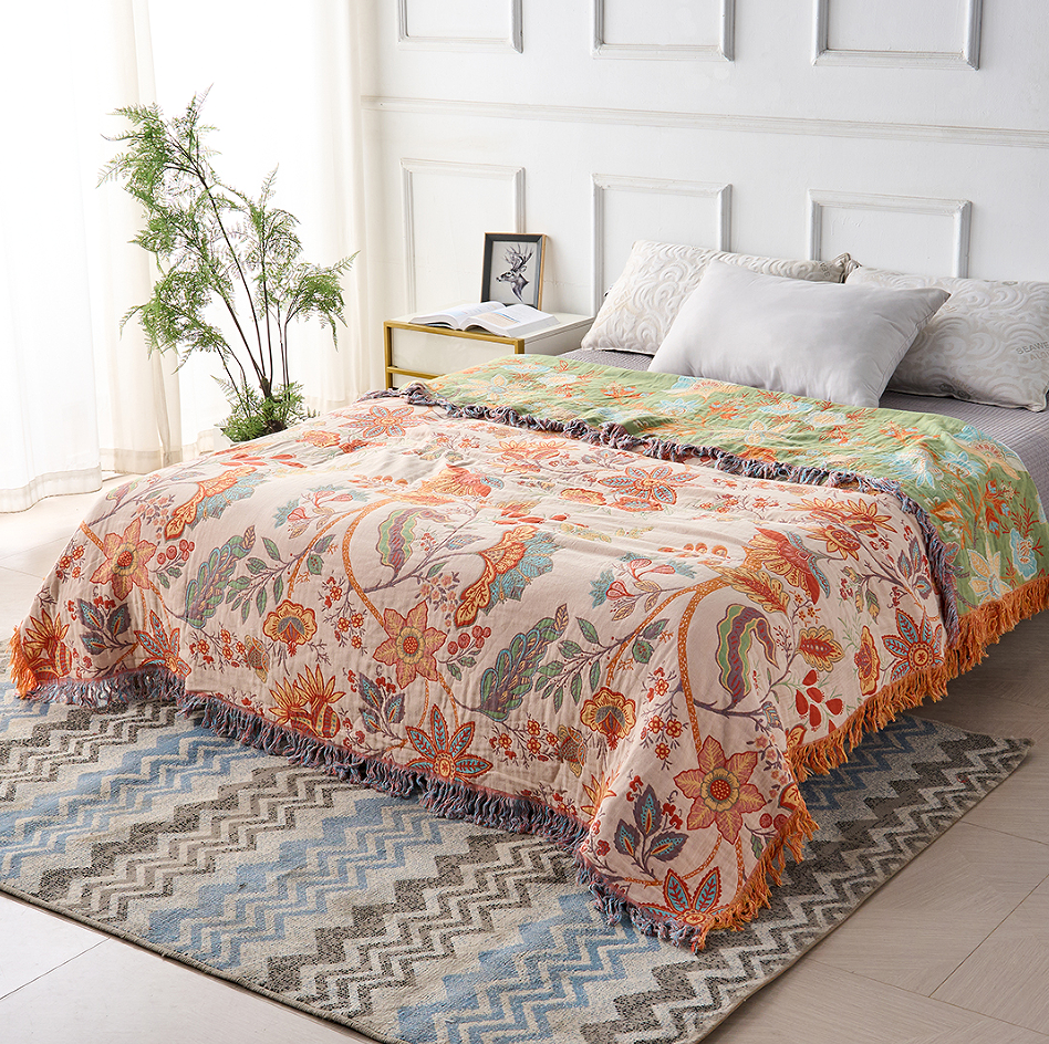 Cotton Floral Print Fringed Throw Blanket