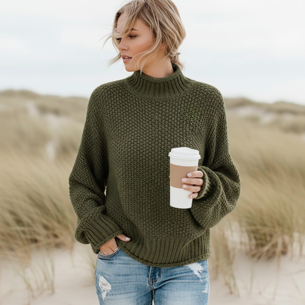 Loose fit turtleneck pullover sweater in army green, front view