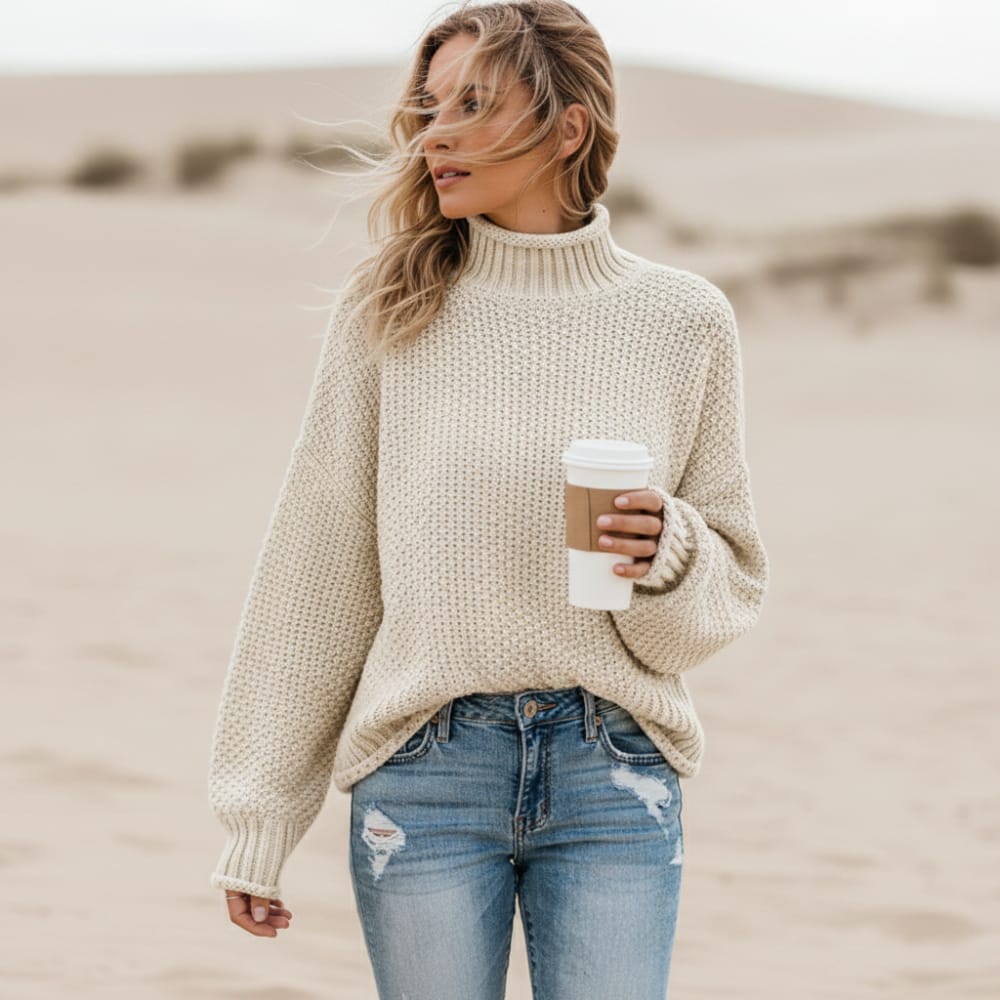 Loose fit turtleneck pullover sweater in off white, front view