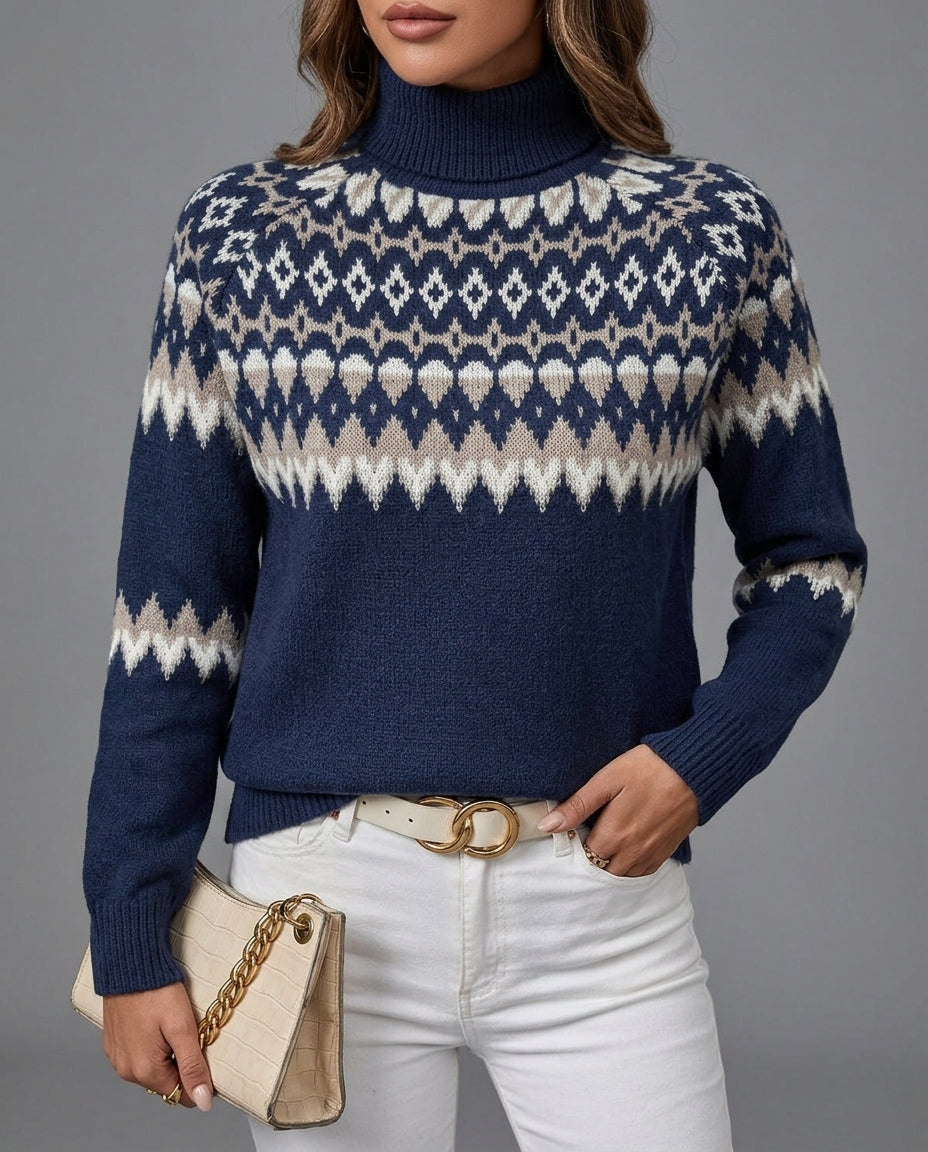 Fair Isle turtleneck sweater in navy blue