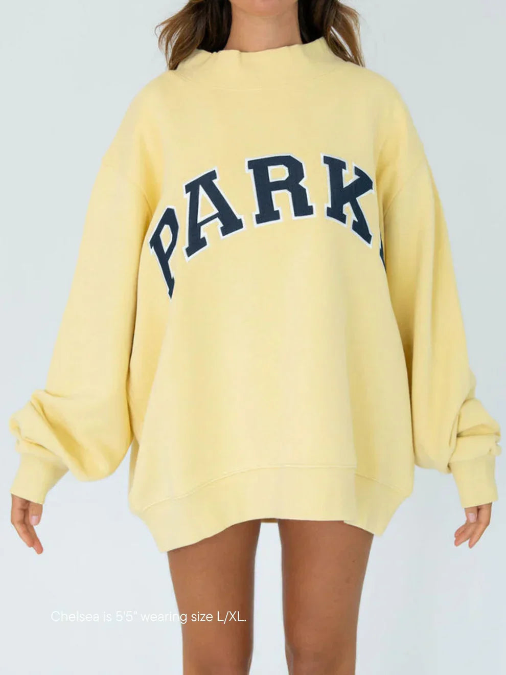 Varsity chenille sweatshirt, pastel yellow with navy letters