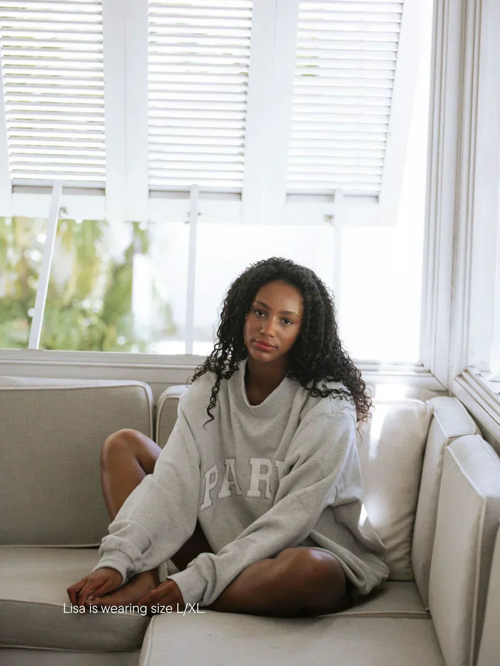 Oversized varsity sweatshirt in grey with white letters, alternate view