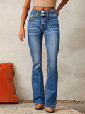 High-waisted flared pants in denim blue, front view
