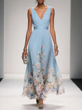 Floral wedding guest dress in light blue, front view