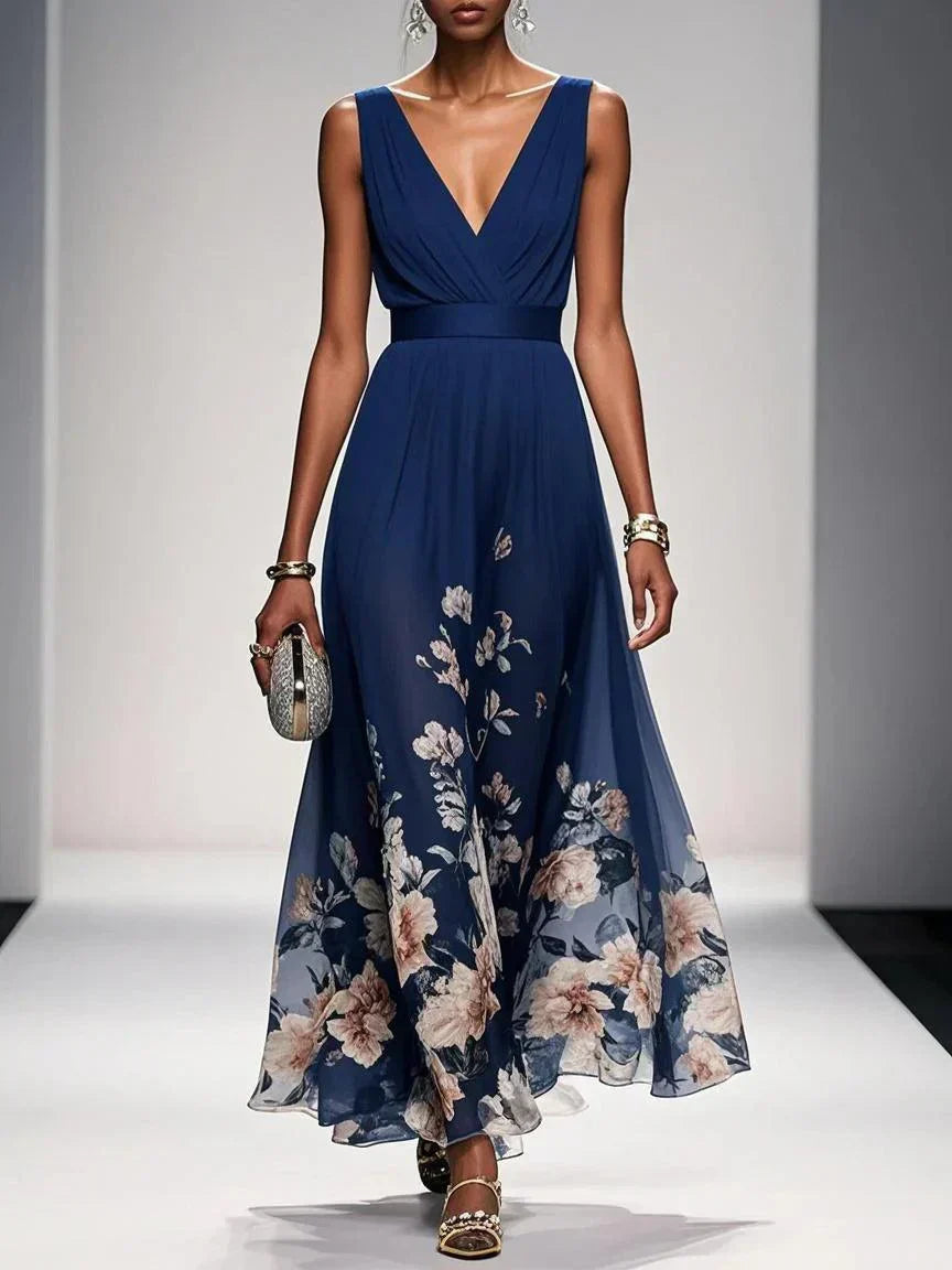 Floral wedding guest dress in navy blue