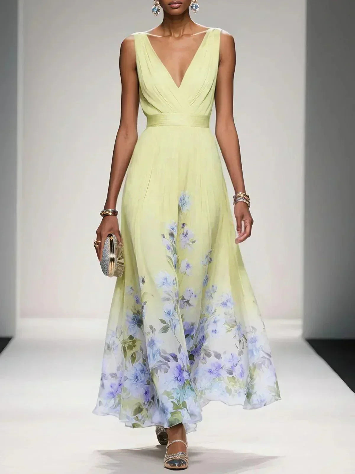 Floral wedding guest dress in yellow