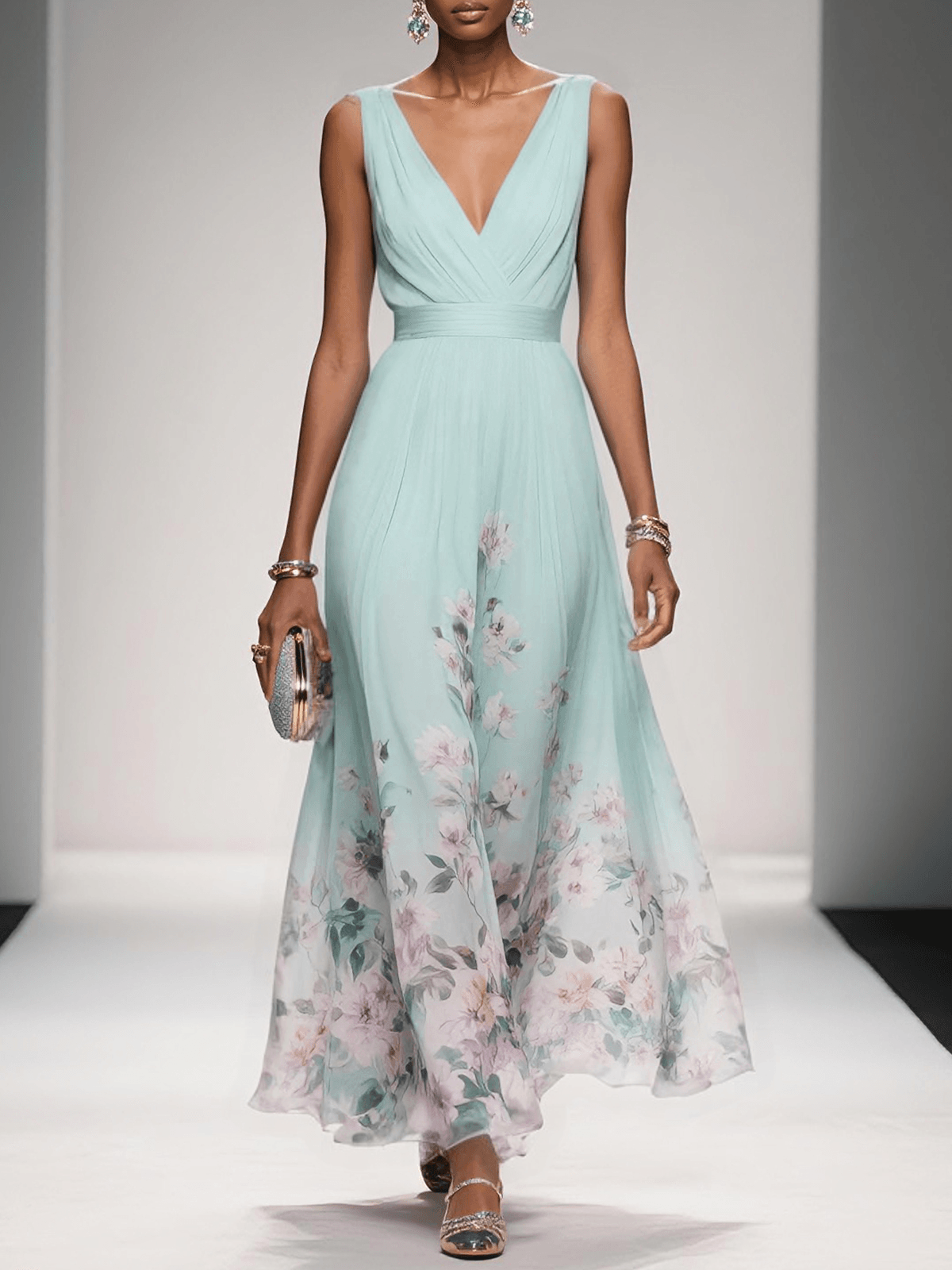 Floral wedding guest dress in light green