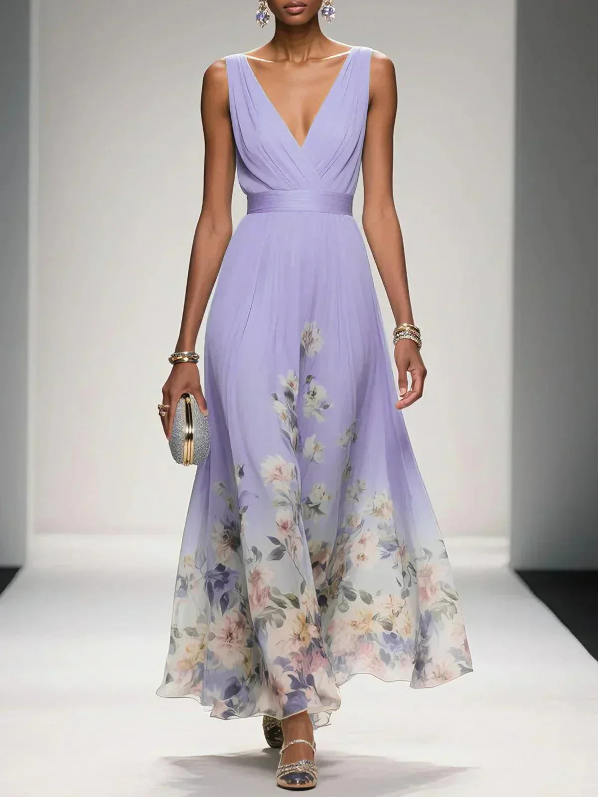 Floral wedding guest dress in purple