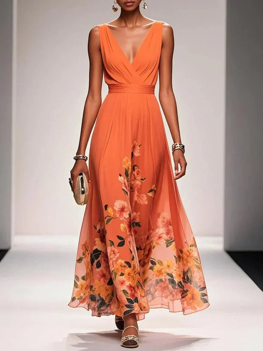 Floral wedding guest dress in orange
