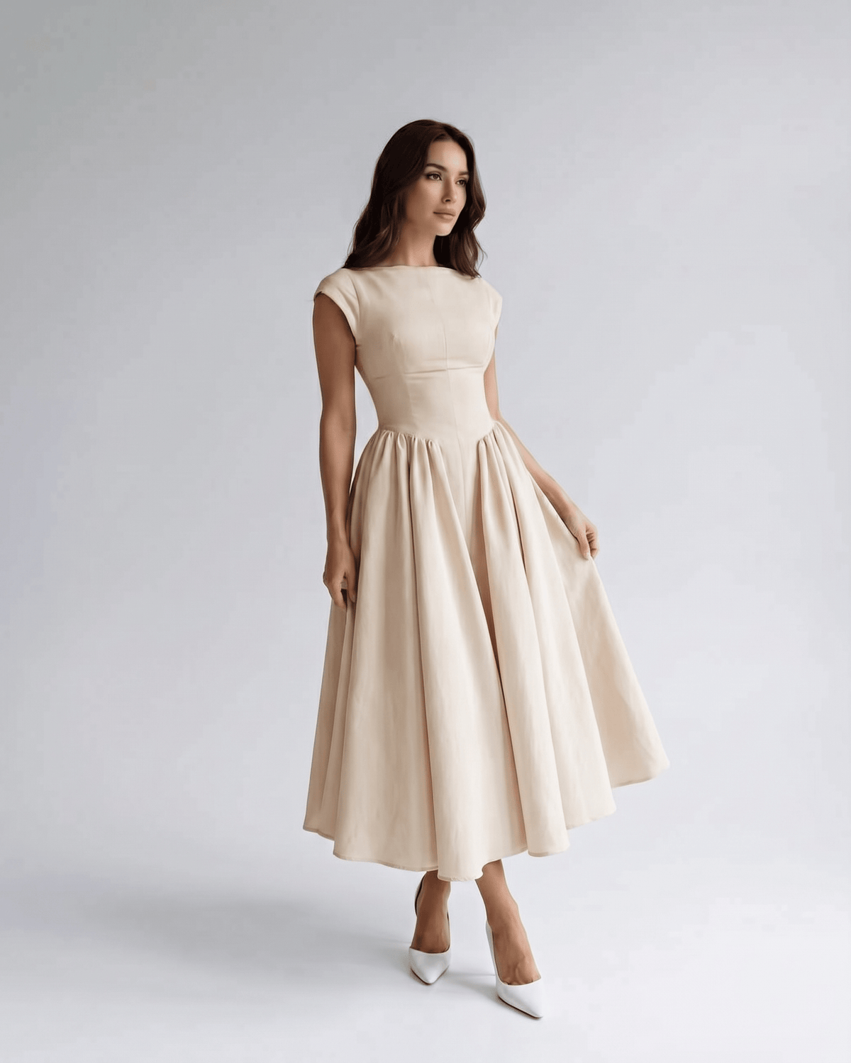 Gathered waist a-line midi dress in beige, front view