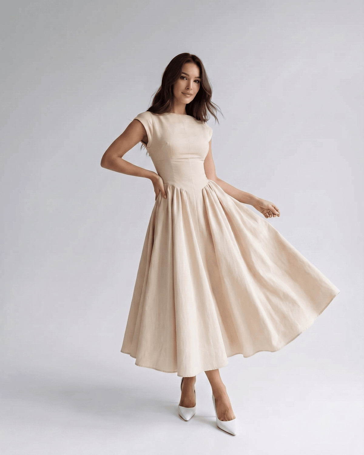 Gathered waist a-line midi dress in black