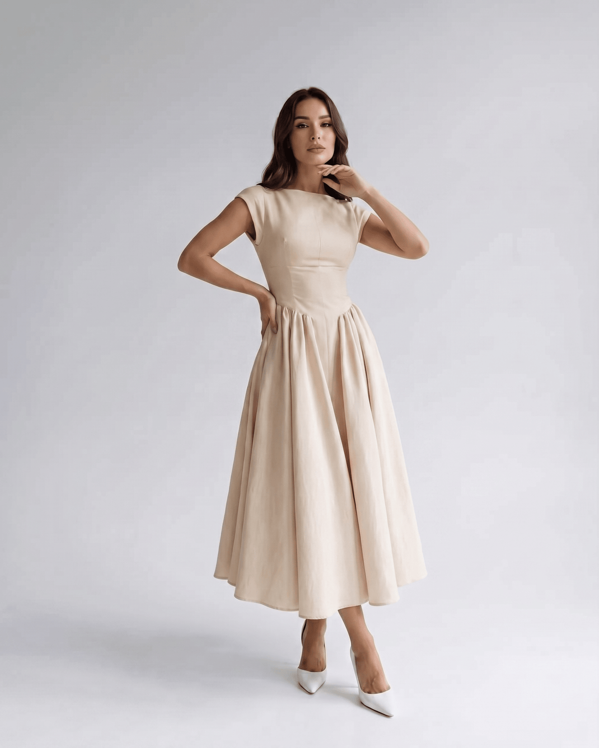 Gathered waist a-line midi dress in white