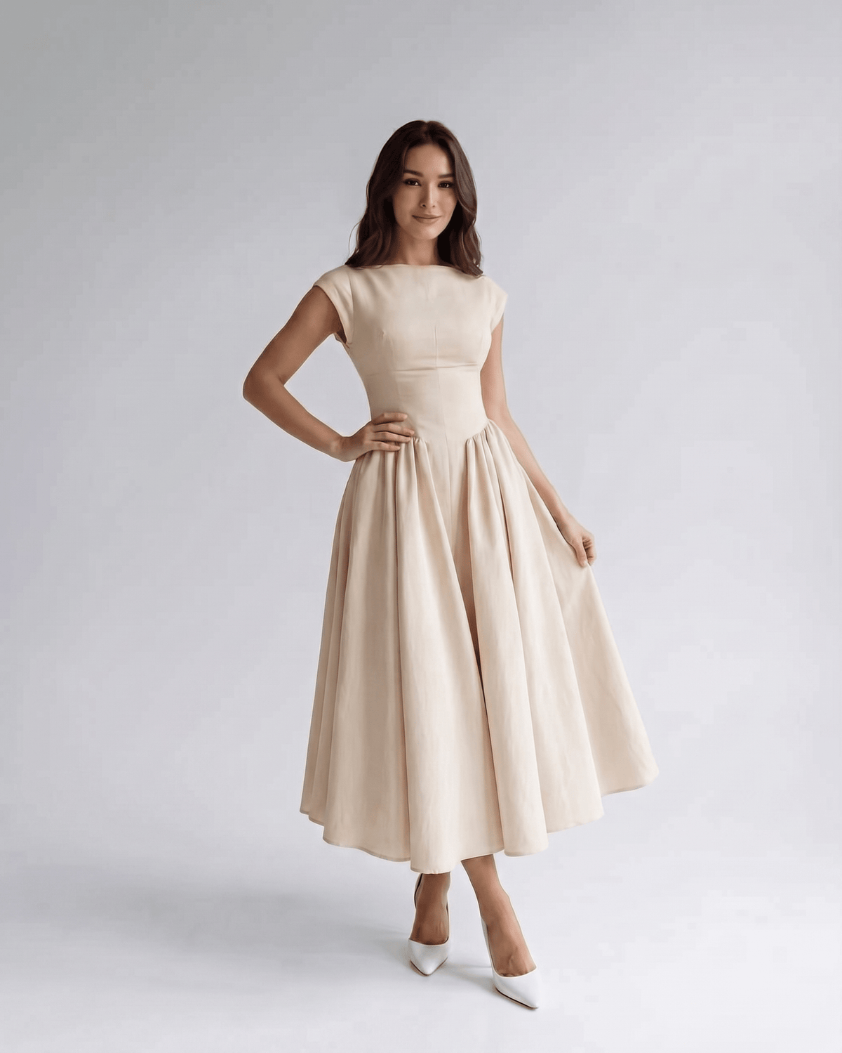 Gathered waist a-line midi dress, alternate view