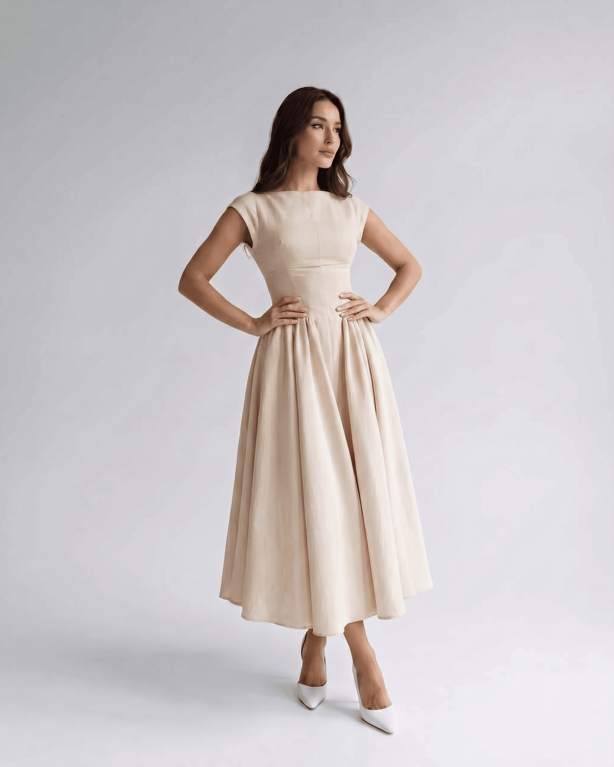 Gathered waist a-line midi dress, detail view