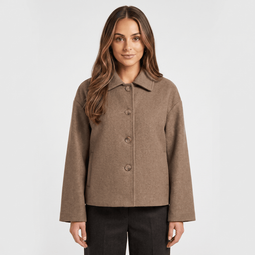 Cropped collared button-front jacket in brown, front view