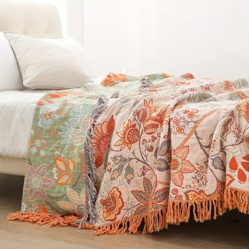 Cotton Floral Print Fringed Throw Blanket