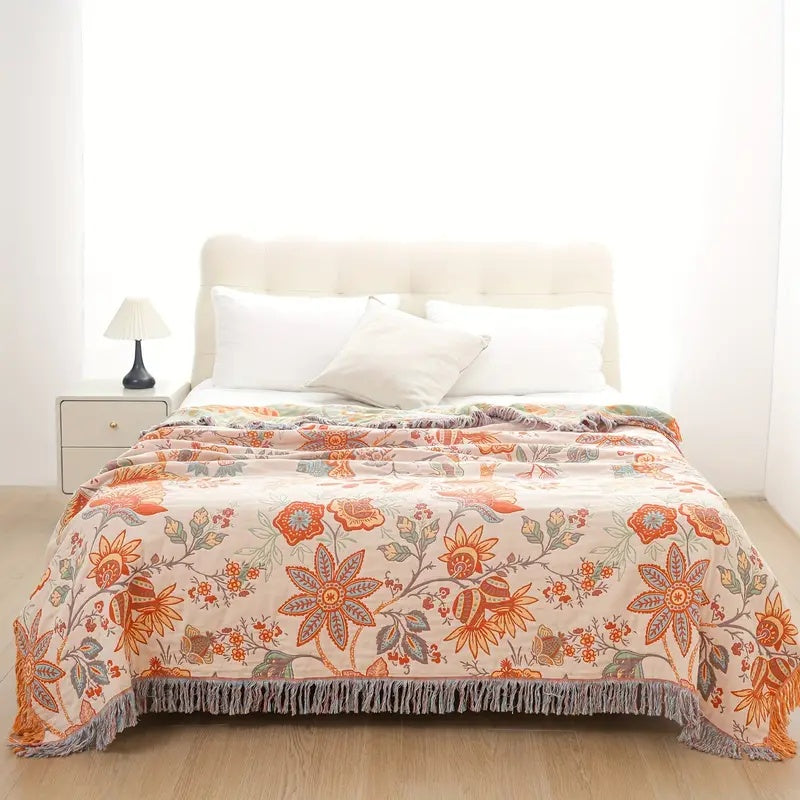 Cotton Floral Print Fringed Throw Blanket