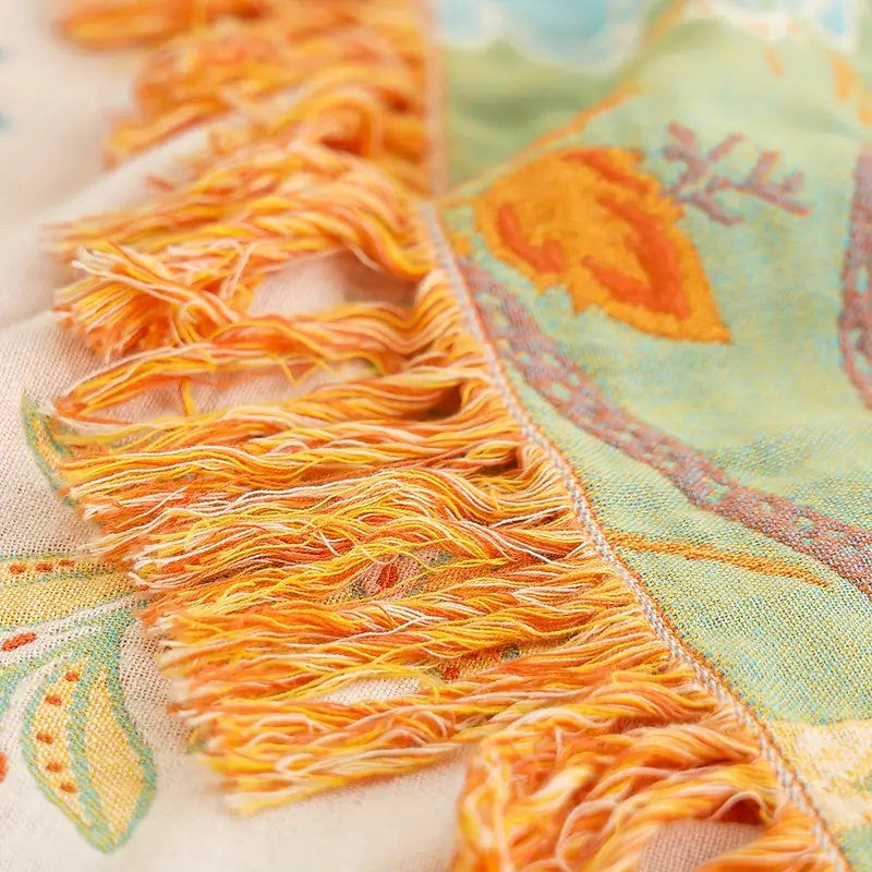 Cotton Floral Print Fringed Throw Blanket