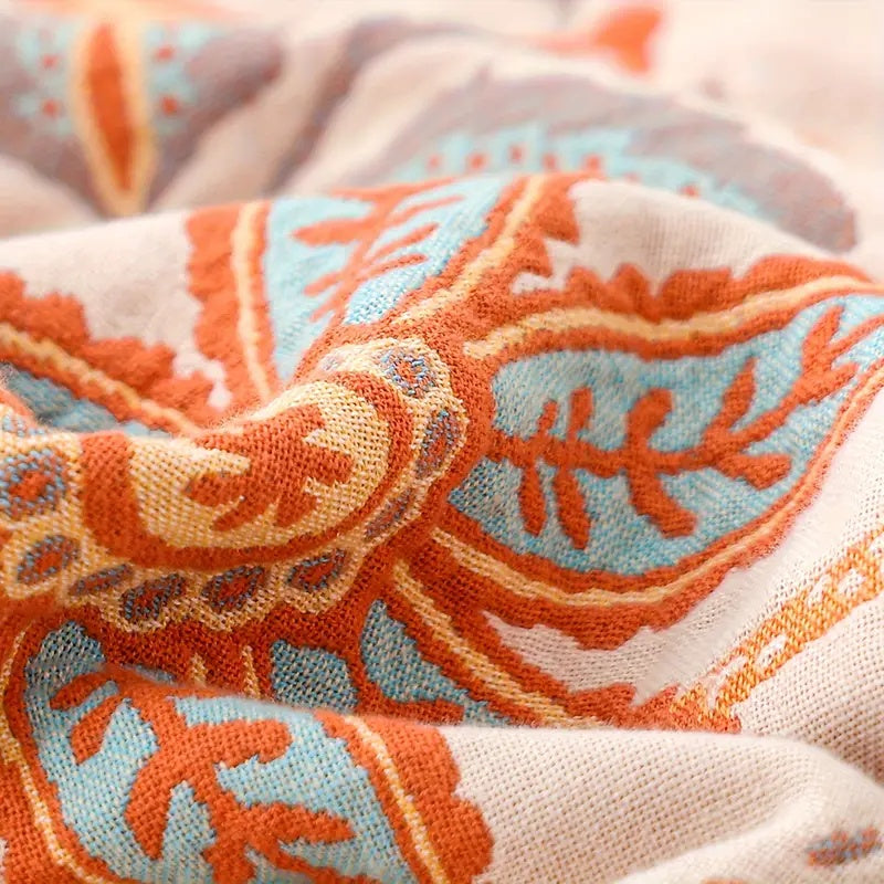 Cotton Floral Print Fringed Throw Blanket
