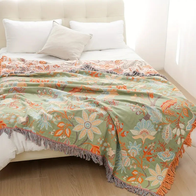 Cotton Floral Print Fringed Throw Blanket