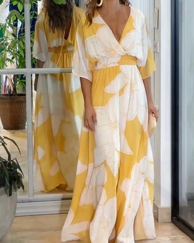 Floral midi dress in yellow, front view