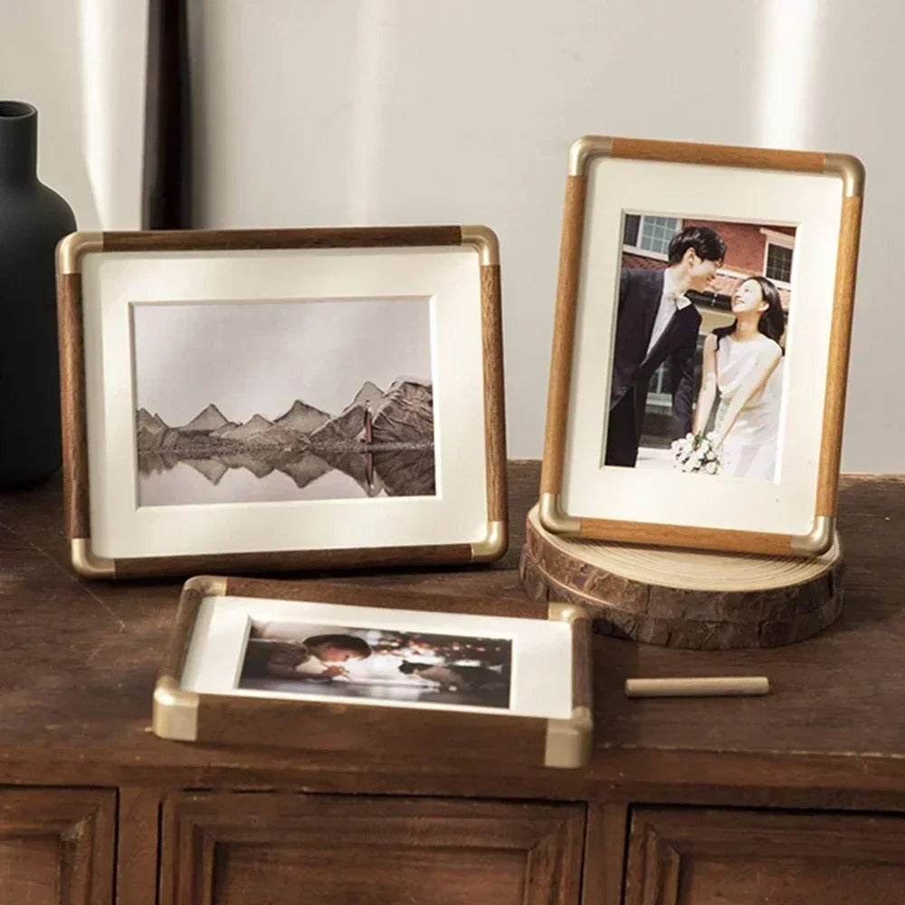 Brooks Tabletop Photo Frame, Vintage Wood and Brass Design